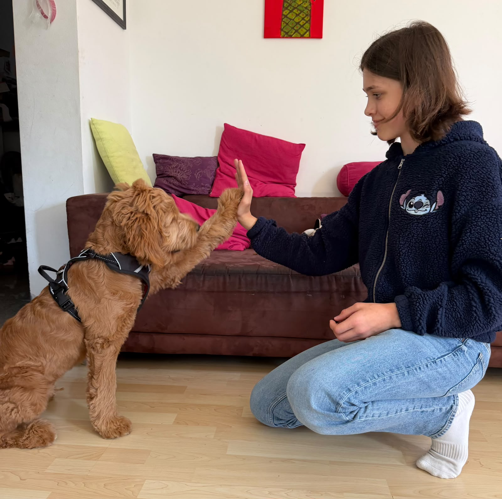 Isabella mit ihrem Goldendoodle-Welpen Caramello